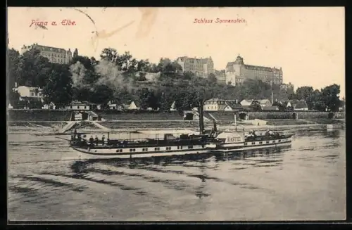 AK Pirna a. Elbe, Raddampfer Bastei vor dem Schloss Sonnenstein
