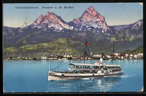 AK Binnenschiff Unterwalden auf dem Vierwaldstättersee, Brunnen und Mythen im Hintergrund