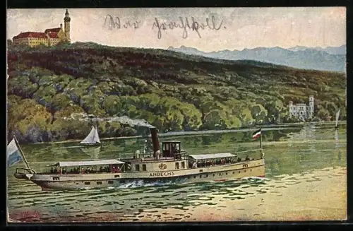 Künstler-AK Dampfer Andechs passiert das Kloster Andechs, Ammersee