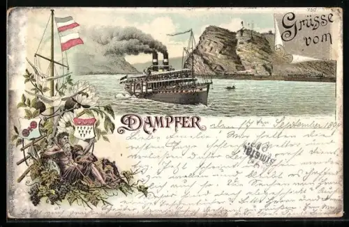 Lithographie Raddampfer auf dem Rhein vor der Loreley
