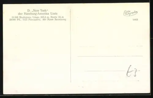 AK Passagierschiff New York der Hamburg-Amerika Linie