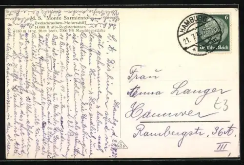 AK Zweischrauben-Motorschiff Monte Sarmiento bei Nacht, Passagierschiff