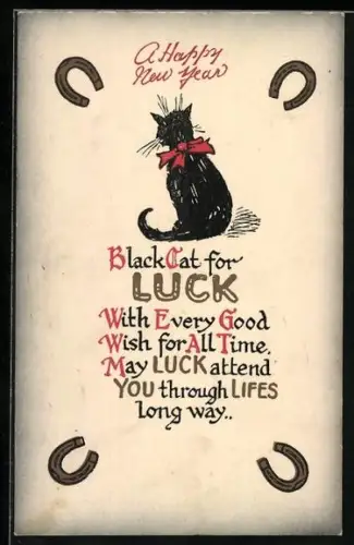 AK Black Cat for Luck, Hufeisen, Neujahrsgruss