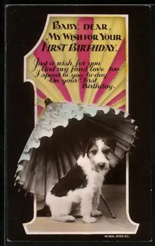 AK Kleiner Foxterrier unter einem Schirm, Geburtstagsgruss