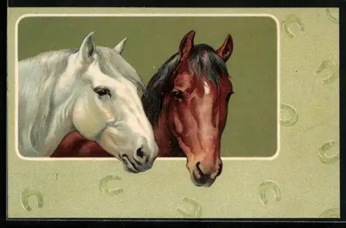 AK Zwei Reitpferde, braun und weiss