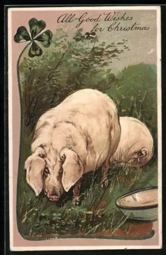 Präge-AK Zwei Schweine im Grünen, Wiese mit Klee, Futterschüssel, Glücksklee, Weihnachtsgruss