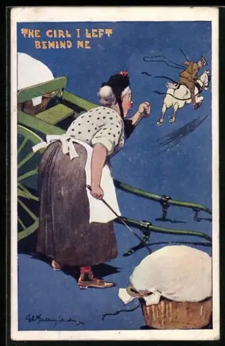 Künstler-AK George Ernest Studdy: Soldat flüchtet vor einer schimpfenden Frau