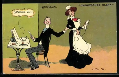 Künstler-AK Tom Browne: Restaurantgast flirtet mit einer Kellnerin