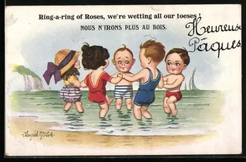 Künstler-AK Donald McGill: Kinder tanzen im Meer Ringelreihen