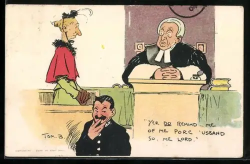 Künstler-AK Tom Browne: Ältere Dame steht vor Gericht