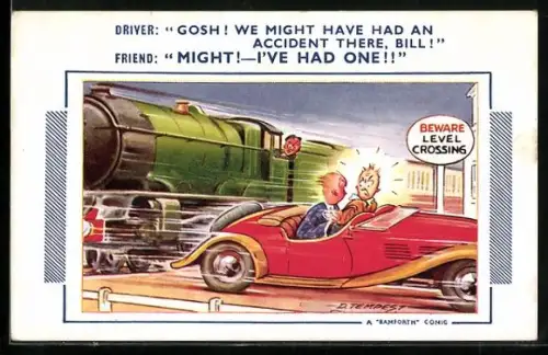 Künstler-AK Douglas Tempest: Bahn verfehlt knapp ein Auto auf dem Bahnübergang