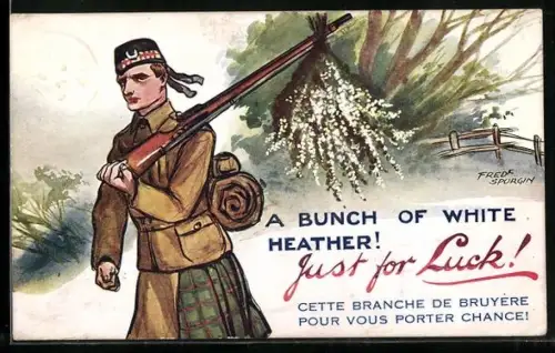 Künstler-AK Fred Spurgin: Schotte trägt einen Strauss Heide am Gewehr
