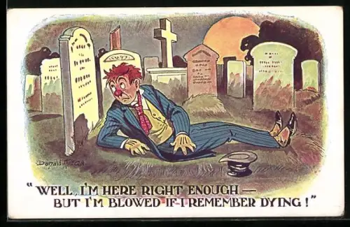 Künstler-AK Donald McGill: Mann wacht auf dem Friedhof auf