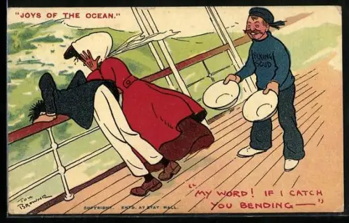 Künstler-AK Tom Browne: Passagiere übergeben sich über die Schiffsreling