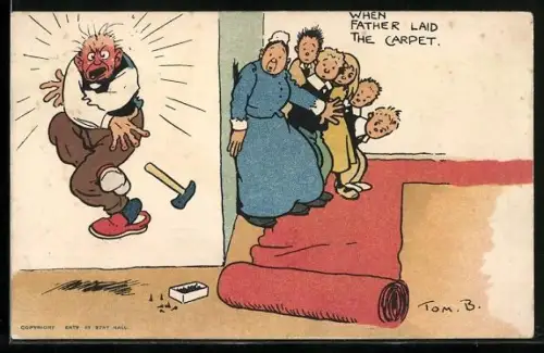 Künstler-AK Tom Browne: When father laid the carpet, Vater verlegt den Teppich
