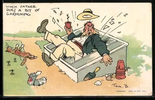 Künstler-AK Tom Browne: When father does a bit of gardening, Vater bei der Gartenarbeit
