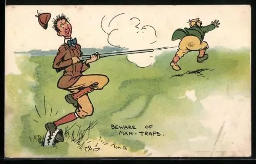 Künstler-AK Tom Browne: Jäger tritt in eine Bärenfalle
