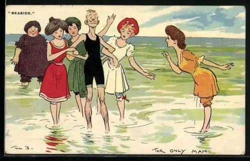 Künstler-AK Tom Browne: Der einzige Mann am Strand von Frauen umgeben