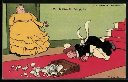 Künstler-AK Tom Browne: Dienstmädchen fällt mit einem Tablett zu Boden