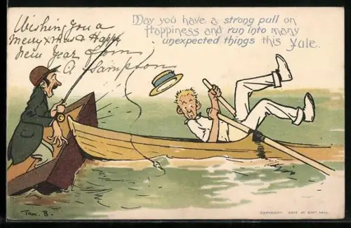 Künstler-AK Tom Browne: Zwei Ruderboote fahren ineinander