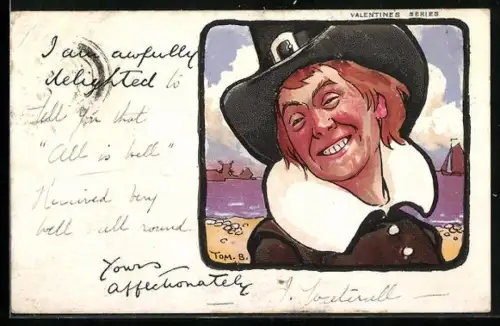 Künstler-AK Tom Browne: Lächelnder Mann mit Hut