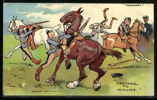 Künstler-AK Tom Browne: Soldaten versuchen auf ihre Pferde zu steigen