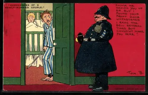 Künstler-AK Tom Browne: Polizist klingelt bei einem schlafenden Paar