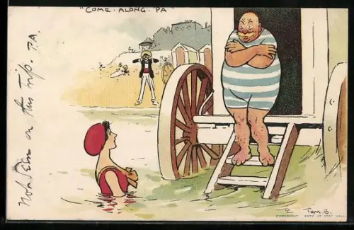 Künstler-AK Tom Browne: Mann im Badeanzug steigt aus einem Badekarren