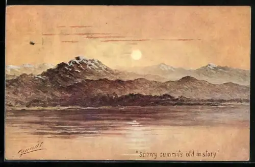 Künstler-AK Cynicus: Verschneite Berggipfel im Abendlicht