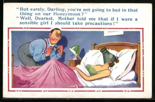 Künstler-AK Donald McGill: Mann findet seine Frau mit Gasmaske im Bett