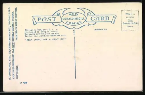 Künstler-AK Donald McGill: Mann findet seine Frau mit Gasmaske im Bett