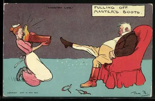 Künstler-AK Tom Browne: Dienstmädchen zieht einem Herrn die Stiefel aus