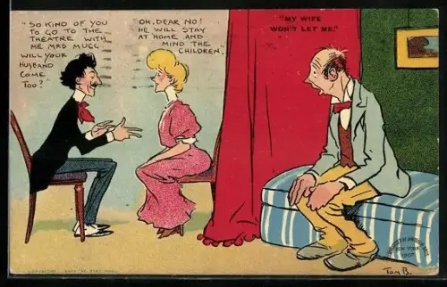 Künstler-AK Tom Browne: Mrs Mugg nimmt ihren Mann nicht ins Theater mit