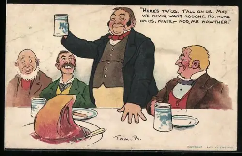 Künstler-AK Tom Browne: Vier Herren stossen am Esstisch an