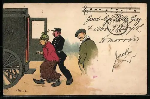 Künstler-AK Tom Browne: Polizist führt eine Frau ab