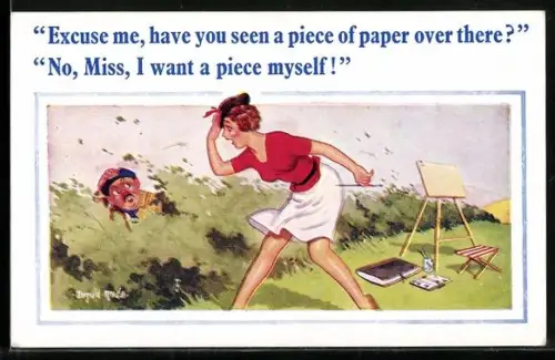 Künstler-AK Donald McGill: Der Wind weht einer Künstlerin ihr Papier davon