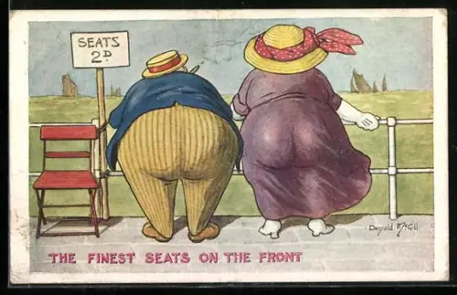 Künstler-AK Donald McGill: Dickes Paar blickt übers Meer