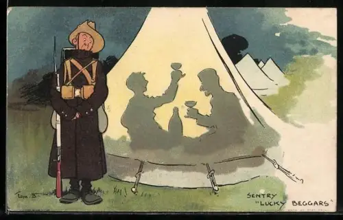 Künstler-AK Tom Browne: Soldat steht vor einem Zelt auf Wachtposten