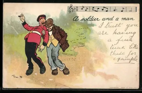 Künstler-AK Tom Browne: Betrunkener Soldat und ein Mann beim Singen