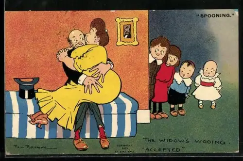 Künstler-AK Tom Browne: Misstrauische Kinder beobachten ein Paar