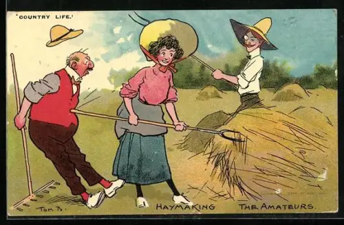 Künstler-AK Tom Browne: Drei Amateure stellen sich ungeschickt mit Heugabeln an