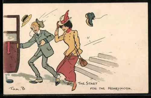 Künstler-AK Tom Browne: Paar besteigt eine Kutsche auf dem Weg in die Flitterwochen