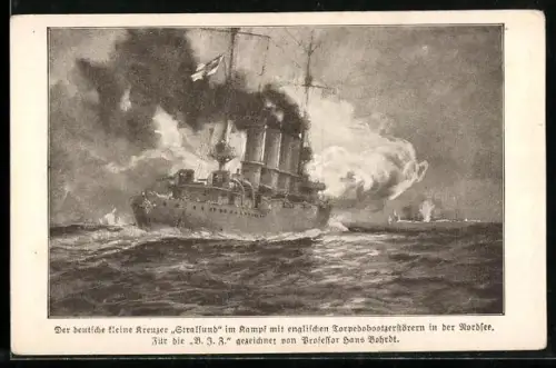 Künstler-AK Hans Bohrdt: kleiner Kreuzer Stralsund im Kampf mit engl. Torpedobootzerstörern, Kriegsschiff
