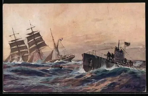 Künstler-AK Stoewer: französische Bark wird durch deutsches U-Boot im Atlantic versenkt