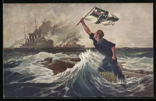 Künstler-AK Hans Bohrdt: Der letzte Mann, aus dem Heldenkampf in der Seeschlacht bei den Falklandinseln 1914