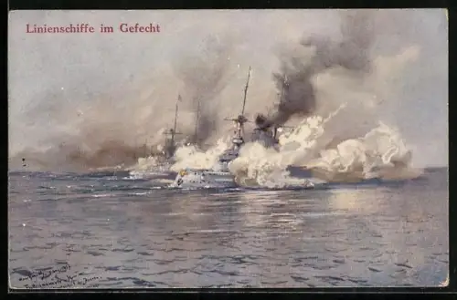 Künstler-AK Hans Bohrdt: Linienschiffe im Gefecht, Kriegsschiff
