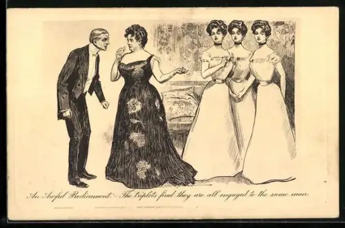 Künstler-AK Charles Dana Gibson: Drillinge sind mit demselben Mann verlobt