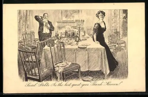 Künstler-AK Charles Dana Gibbson: social debts as the last guest goes, Paar nach einer Feier