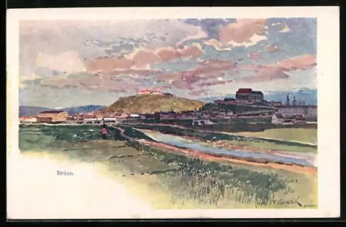Künstler-AK Franz Kopallik: Brünn, Landschaftspanorama im Abendlicht