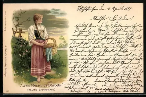 Künstler-AK Arno von Riesen: `s Bärbele in Tracht auf einem Feld